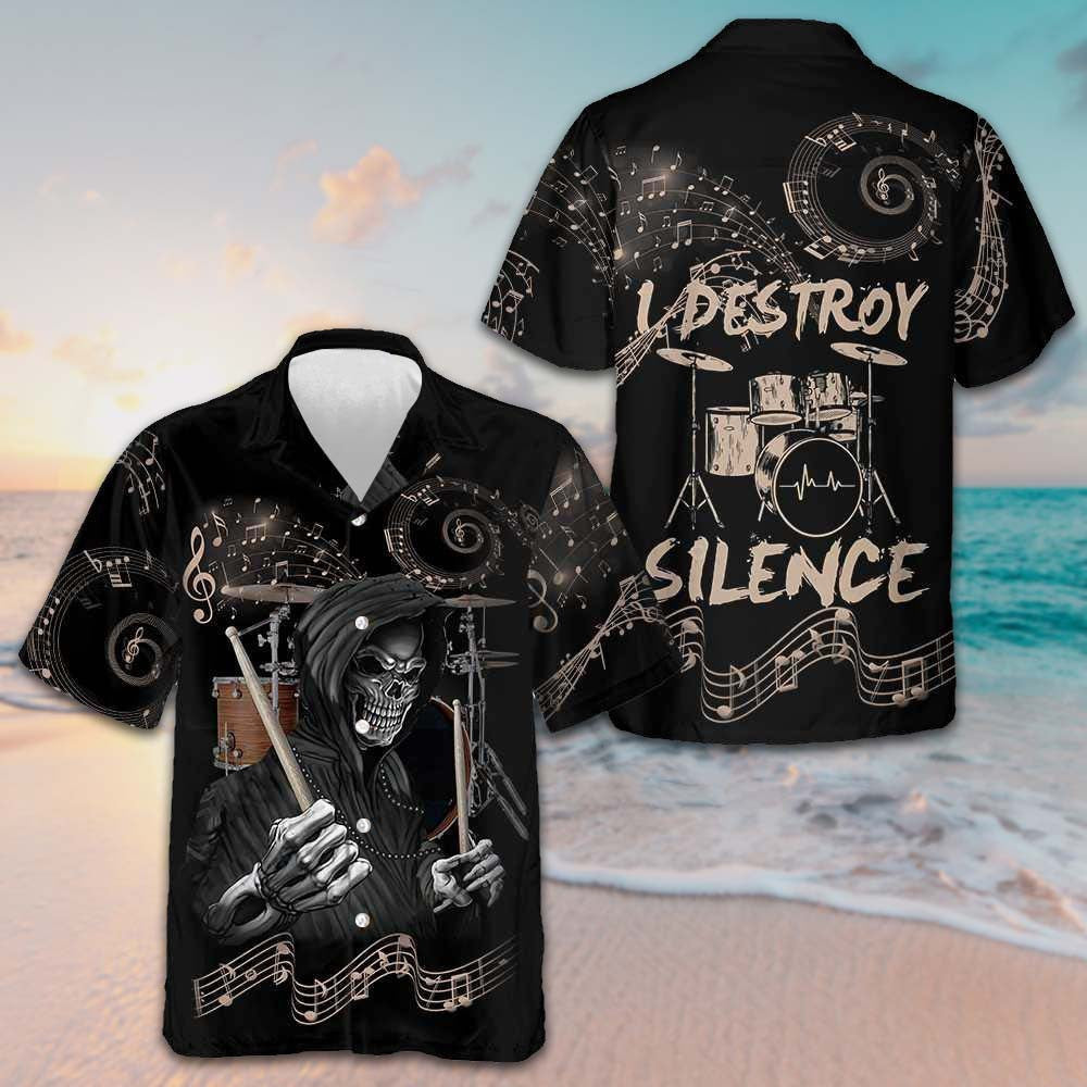 Drum I Destroy Silence Hawaiian Shirt Drum Playing Skull Shirt Best Gift For Drummers – Moonbestprint