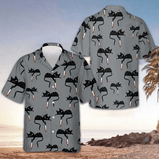 Black Cat With Knife Hawaiian Shirt Horror Button Up Shirts Gift Ideas For Cat Lovers – Moonbestprint