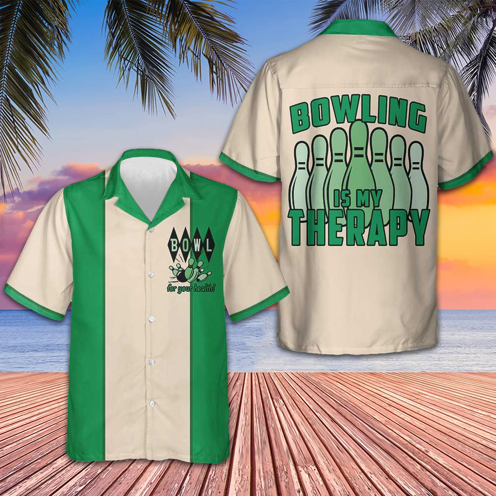 Bowling Is My Therapy Hawaiian Shirt Green And White Bowling Shirt Best Gifts For Bowlers – Moonbestprint
