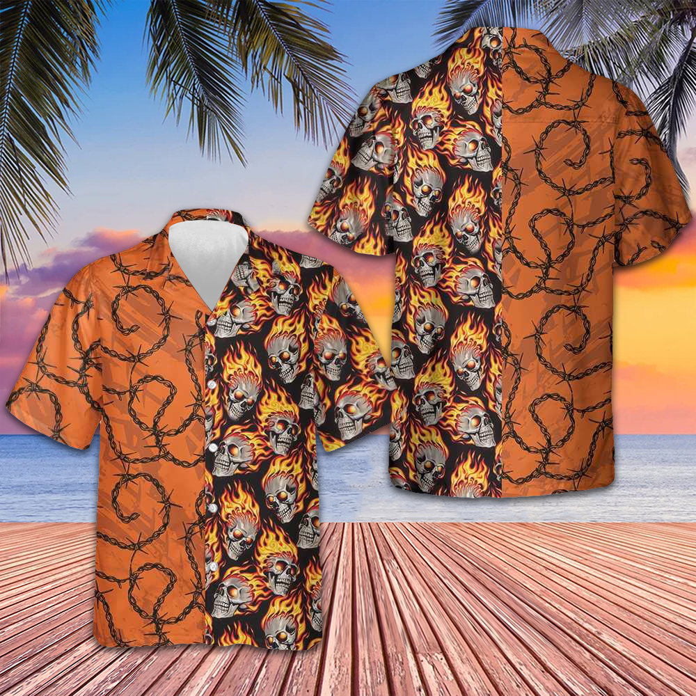 Barbwire Fire Skull Biker Motorcycle Hawaiian Shirt Short Sleeve Button Up Men Gift For Bikers – Moonbestprint