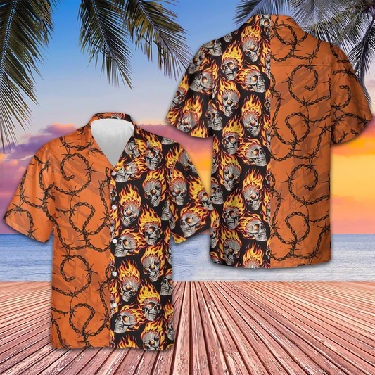 Barbwire Fire Skull Biker Motorcycle Hawaiian Shirt Short Sleeve Button Up Men Gift For Bikers – Moonbestprint