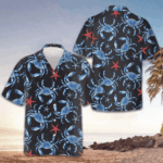 Blue Crab And Starfish Pattern Hawaiian Shirt Crab Lovers Summer Button Up Shirts Men's – Moonbestprint