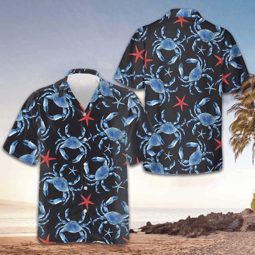 Blue Crab And Starfish Pattern Hawaiian Shirt Crab Lovers Summer Button Up Shirts Men's – Moonbestprint
