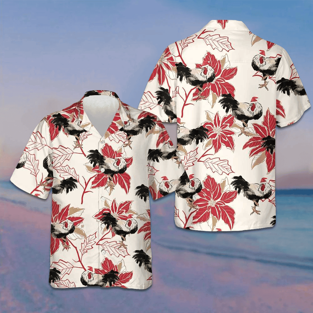 Christmas Rooster And Poinsettia Hawaiian Shirt Funny Chicken Shirt Gifts For Xmas – Moonbestprint