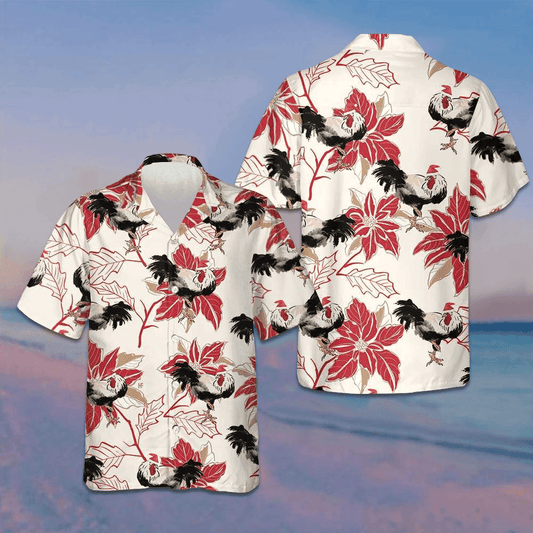 Christmas Rooster And Poinsettia Hawaiian Shirt Funny Chicken Shirt Gifts For Xmas – Moonbestprint