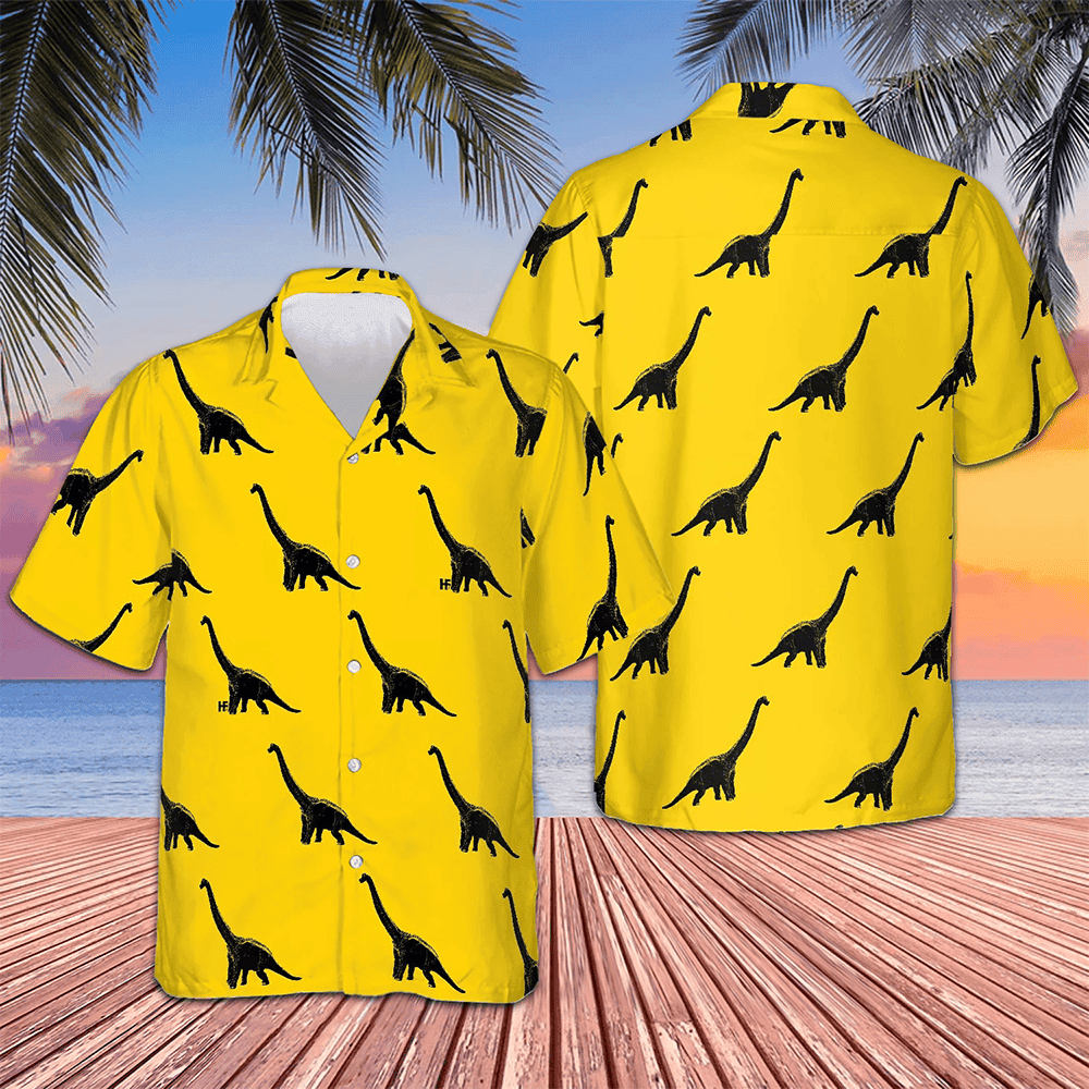 Brachiosaurus Dinosaur Hawaiian Shirt Yellow Button Up Shirt Gifts For Little Brother – Moonbestprint