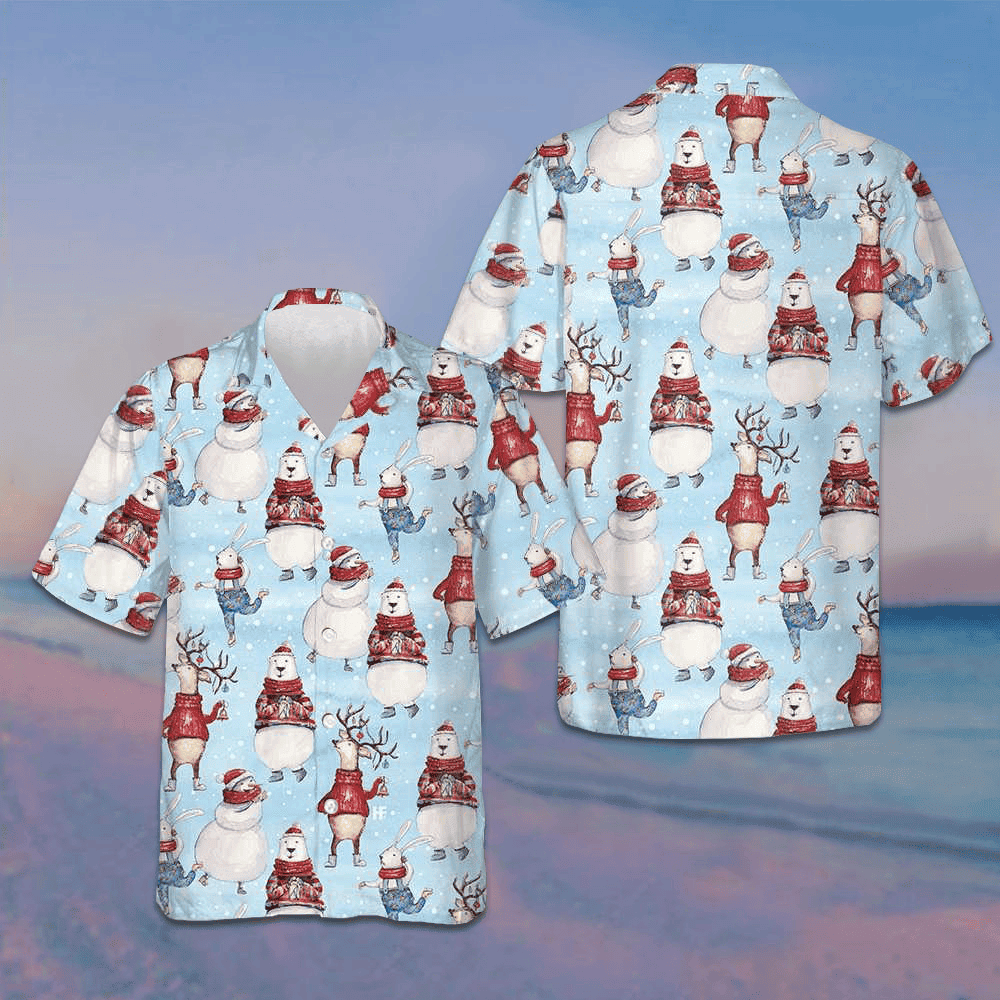 Christmas Pattern With Bunny And Snowman Hawaiian Shirt Merry Xmas Button Up Shirts For Men – Moonbestprint