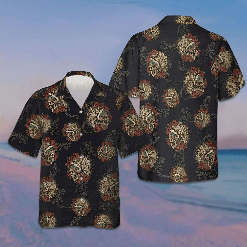 Native American Skull With Lizard Hawaiian Shirt Wild West American Indian Shirt Men – Moonbestprint