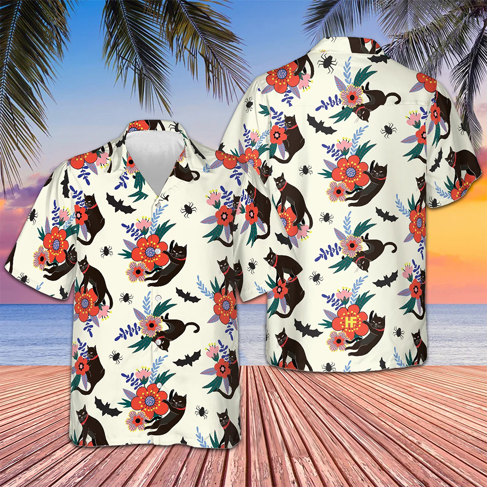 Black Bats And Cats Hawaiian Shirt Beach Button Up Shirts For Men Gifts For Boyfriend – Moonbestprint
