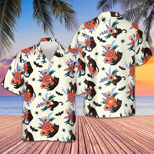 Black Bats And Cats Hawaiian Shirt Beach Button Up Shirts For Men Gifts For Boyfriend – Moonbestprint