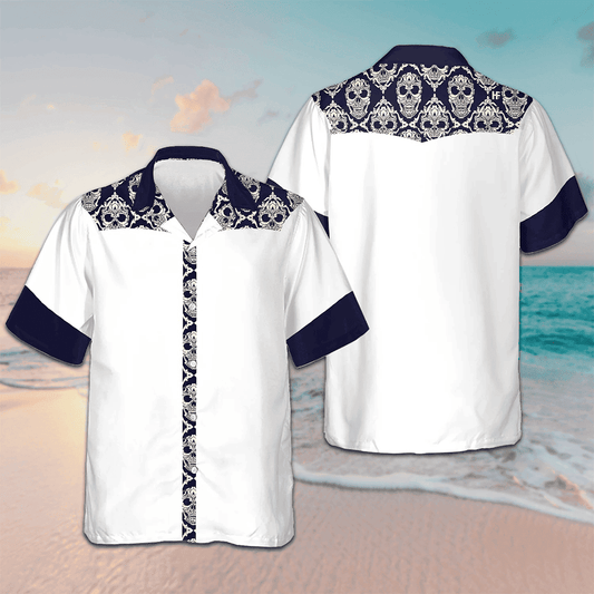 Ornamental Skull Seamless Pattern Hawaiian Shirt Beach Button Up Shirts For Men – Moonbestprint