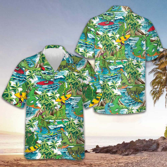 Surfing Dinosaur Hawaiian Shirt Short Sleeve Button Up Beach Shirts Gifts For Dinosaur Lovers – Moonbestprint