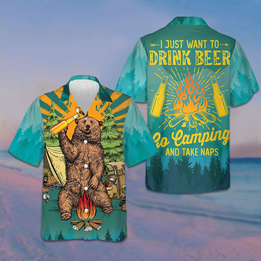 I Just Want To Drink Beer Go Camping Hawaiian Shirt Camping Lover Funny Bear Shirt Men's – Moonbestprint