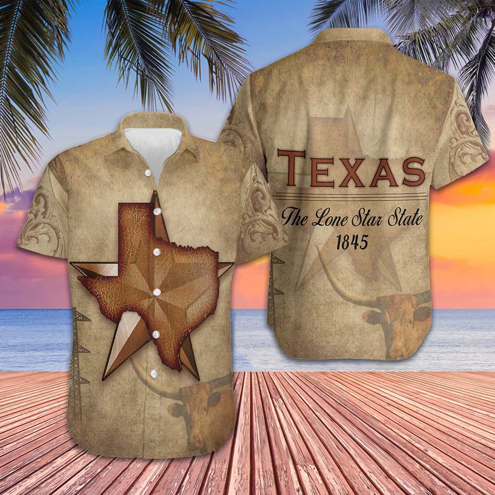 1845 The Lone Star State Texas Hawaiian Shirt Old Vintage Texas Longhorn Shirt For Men – Moonbestprint