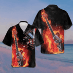 Guitar On Fire Hawaiian Shirt American Flag Button Up Shirts For Men Gifts For Guitar Lovers – Moonbestprint