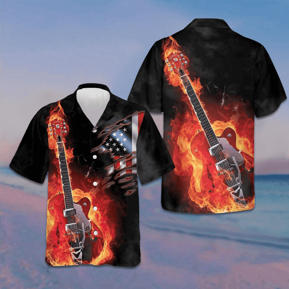 Guitar On Fire Hawaiian Shirt American Flag Button Up Shirts For Men Gifts For Guitar Lovers – Moonbestprint