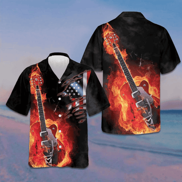 Guitar On Fire Hawaiian Shirt American Flag Button Up Shirts For Men Gifts For Guitar Lovers – Moonbestprint