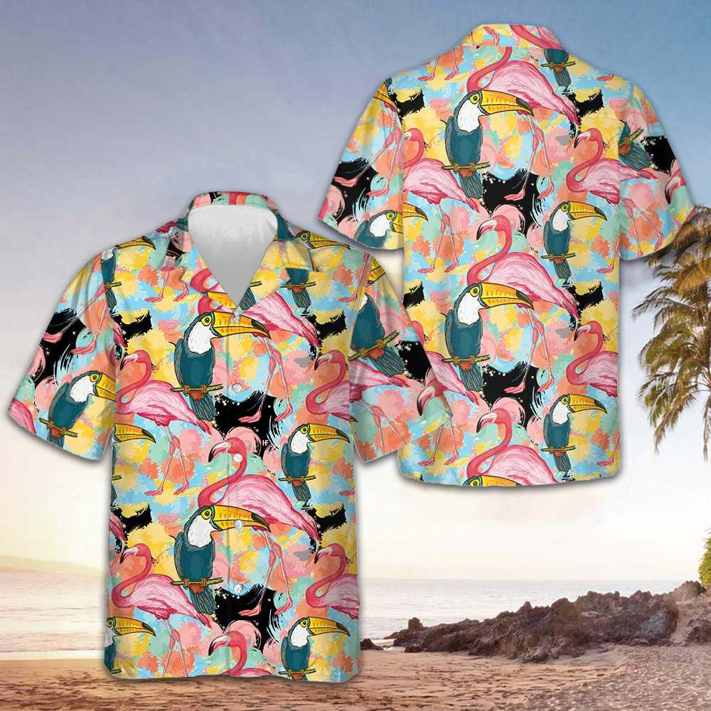 Toucans And Flamingos Exotic Floral Hawaiian Shirt Beach Button Up Shirts Men's – Moonbestprint
