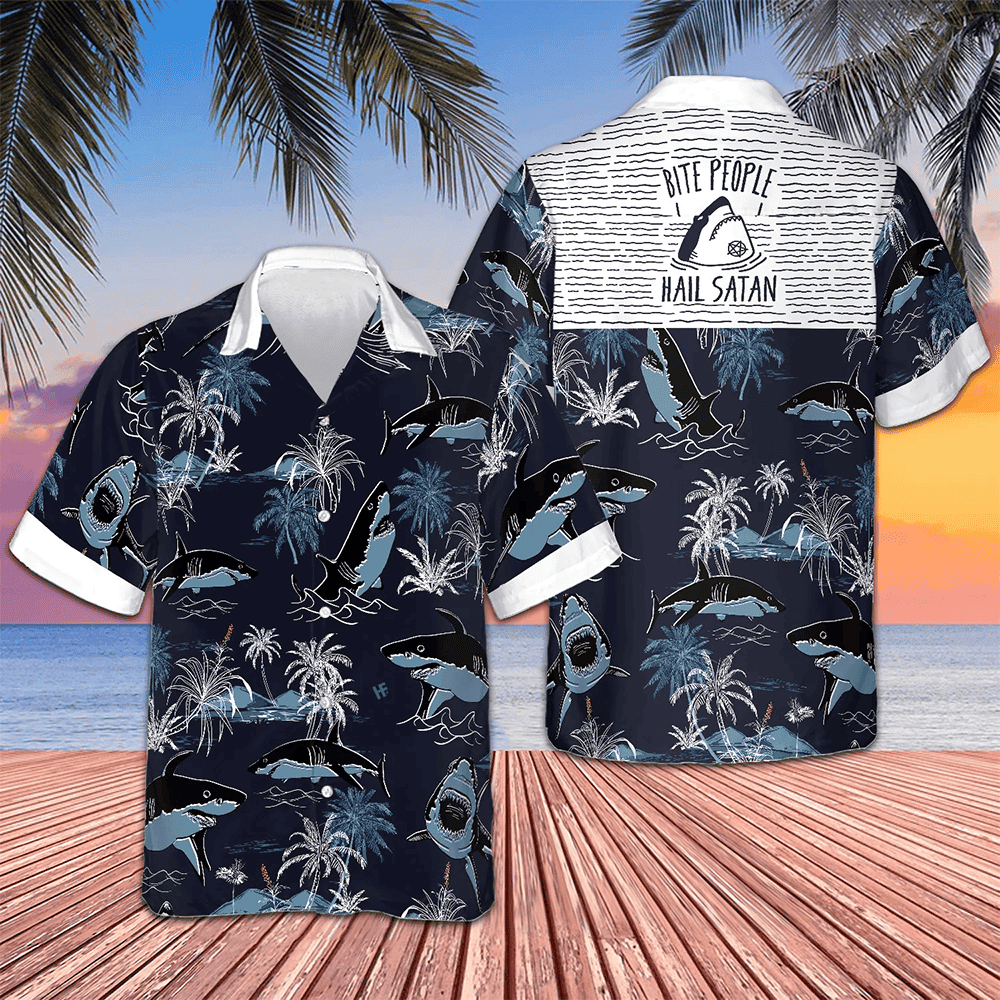 Bite People Hail Satan Shark Hawaiian Shirt Tropical Button Up Shirt Gifts For Male – Moonbestprint