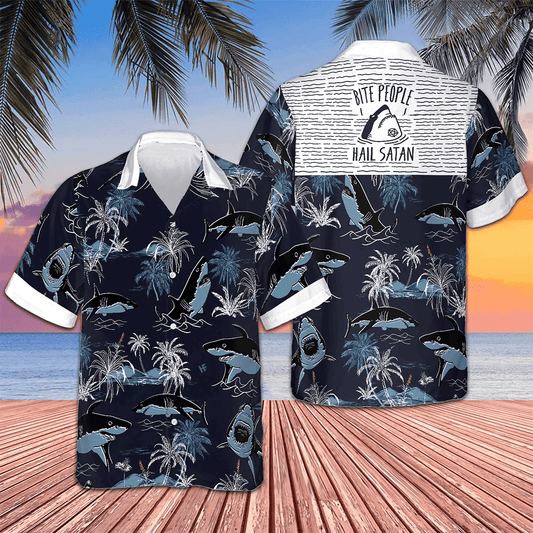 Bite People Hail Satan Shark Hawaiian Shirt Tropical Button Up Shirt Gifts For Male – Moonbestprint