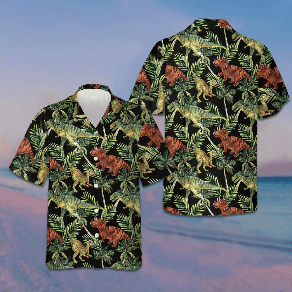 Dinosaur Tropical Pattern Hawaiian Shirt Summer Button Down Shirts Gifts For Dinosaur Lovers – Moonbestprint