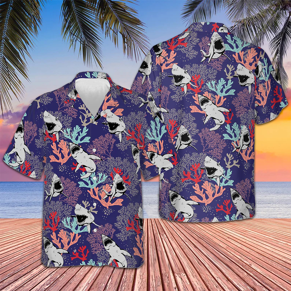 Blue Ocean Coral Sharks Hawaiian Shirt Button Up Summer Shirts For Men Good Gifts For Boyfriend – Moonbestprint