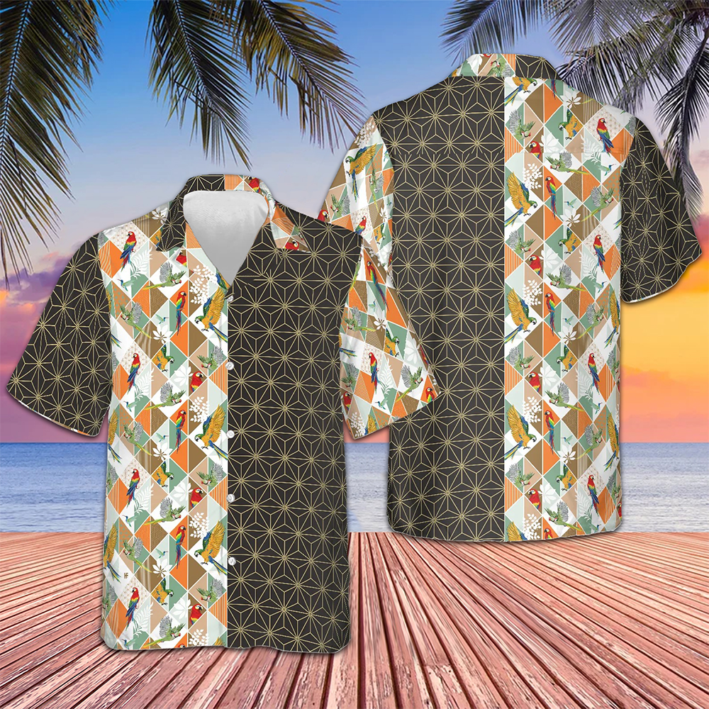 Bold Geometric Parrot Palm Hawaiian Shirt Beach Button Up Shirts For Men Gift Ideas For Son – Moonbestprint