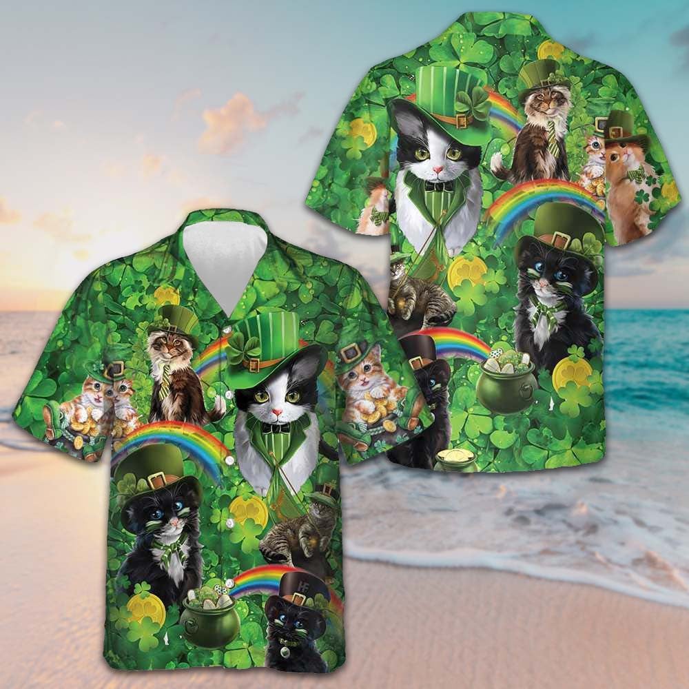 Cats Saint Patrick's Day Hawaiian Shirt Shamrock Button Down Shirt Gifts For Irish Cat Lovers – Moonbestprint