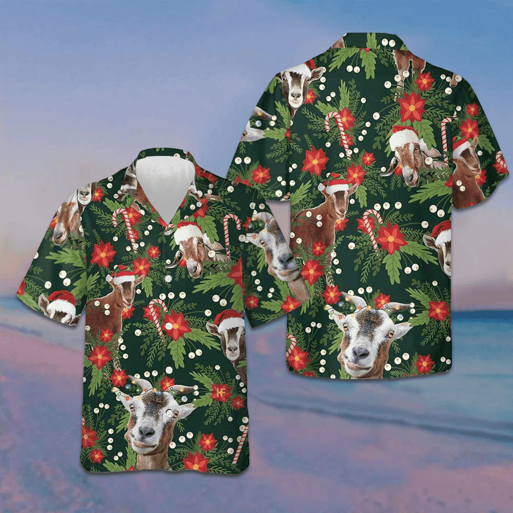 Christmas Goat With Poinsettia Flower Hawaiian Shirt Funny Xmas Goat Shirt Gifts For Guys – Moonbestprint