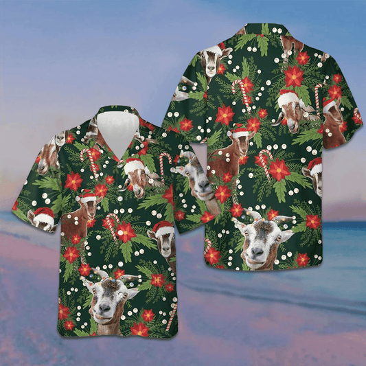 Christmas Goat With Poinsettia Flower Hawaiian Shirt Funny Xmas Goat Shirt Gifts For Guys – Moonbestprint