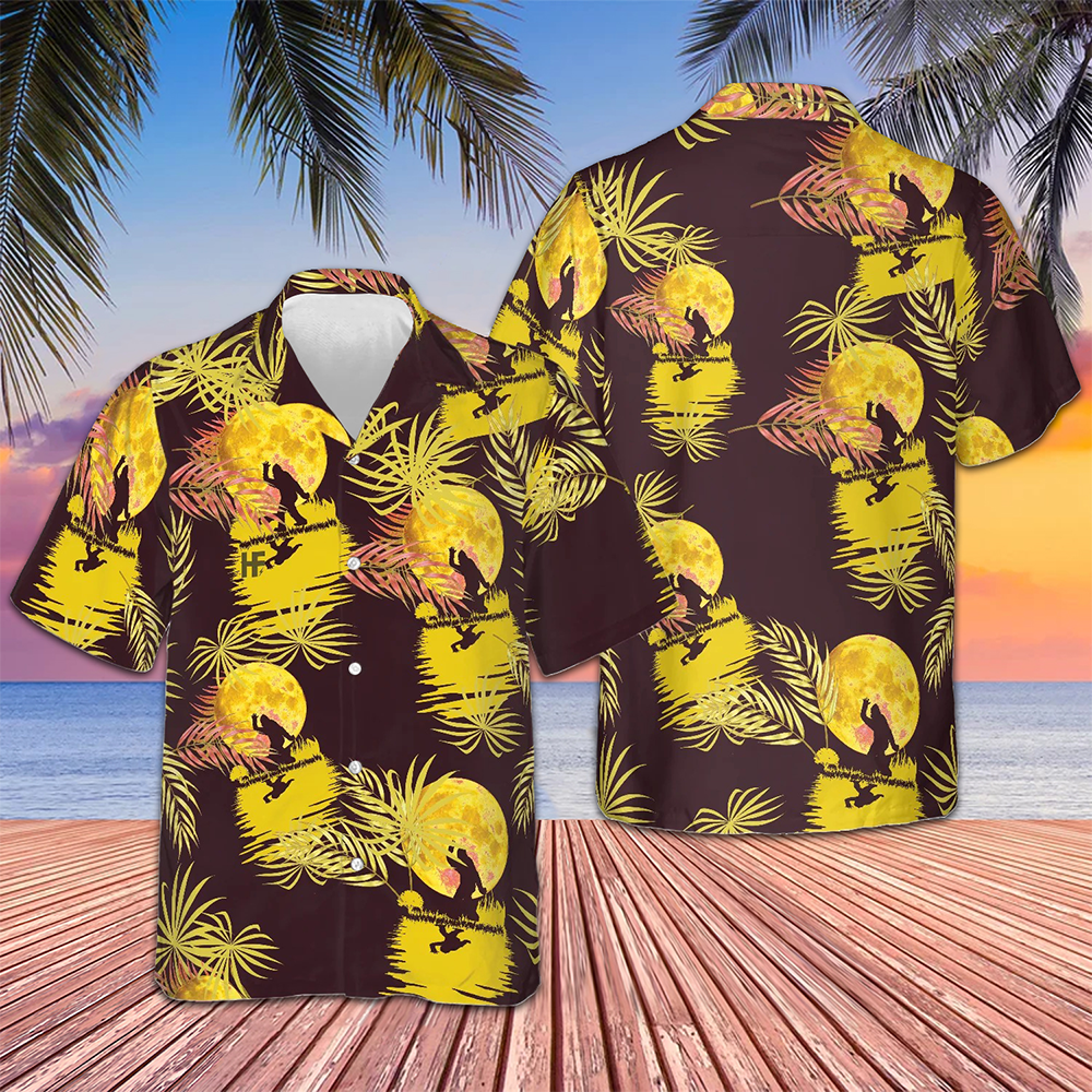 Purple And Yellow Moonlight Bigfoot Hawaiian Shirt Tropical Short Sleeve Button Down Men's – Moonbestprint