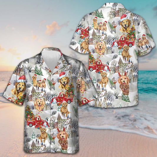Golden Retriever On Christmas Hawaiian Shirt Button Up Shirts For Men Gifts For Dog Lovers – Moonbestprint