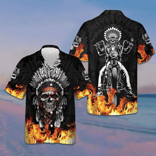 Racing Indian Skull Fire Hawaiian Shirt Flame Skull Biker Shirt Gifts For Him – Moonbestprint