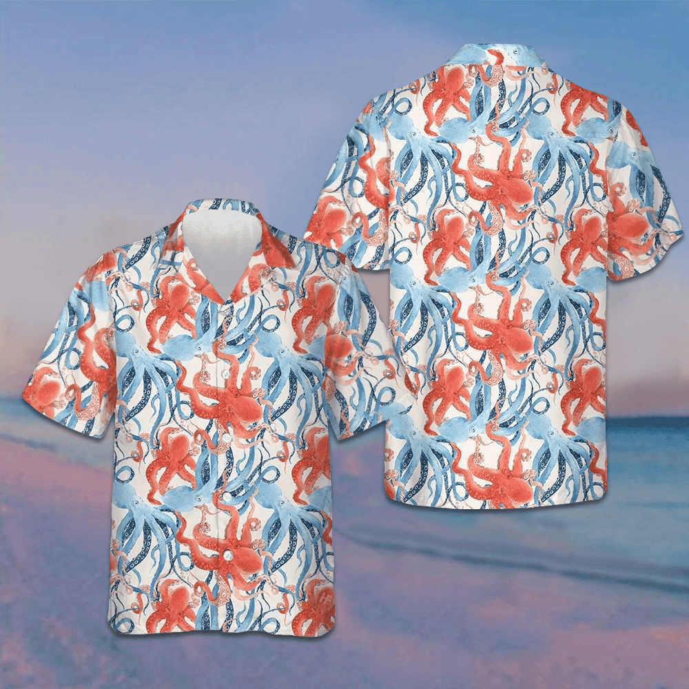Blue And Red Octopus Seamless Pattern Hawaiian Shirt Funny Octopus Summer Button Up Shirts Men's – Moonbestprint