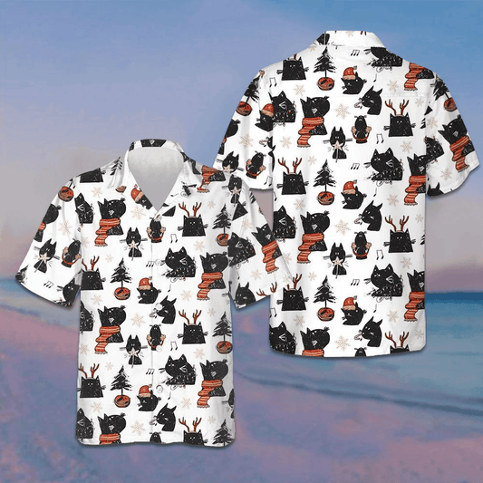 Cartoon Black Cat Merry Christmas Hawaiian Shirt Funny Xmas Cat Shirt Gifts For Cousin – Moonbestprint
