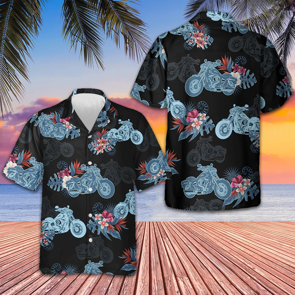 Biker Blue Tropical Flower Pattern Hawaiian Shirt Men's Gifts For Motorcycle Enthusiasts – Moonbestprint