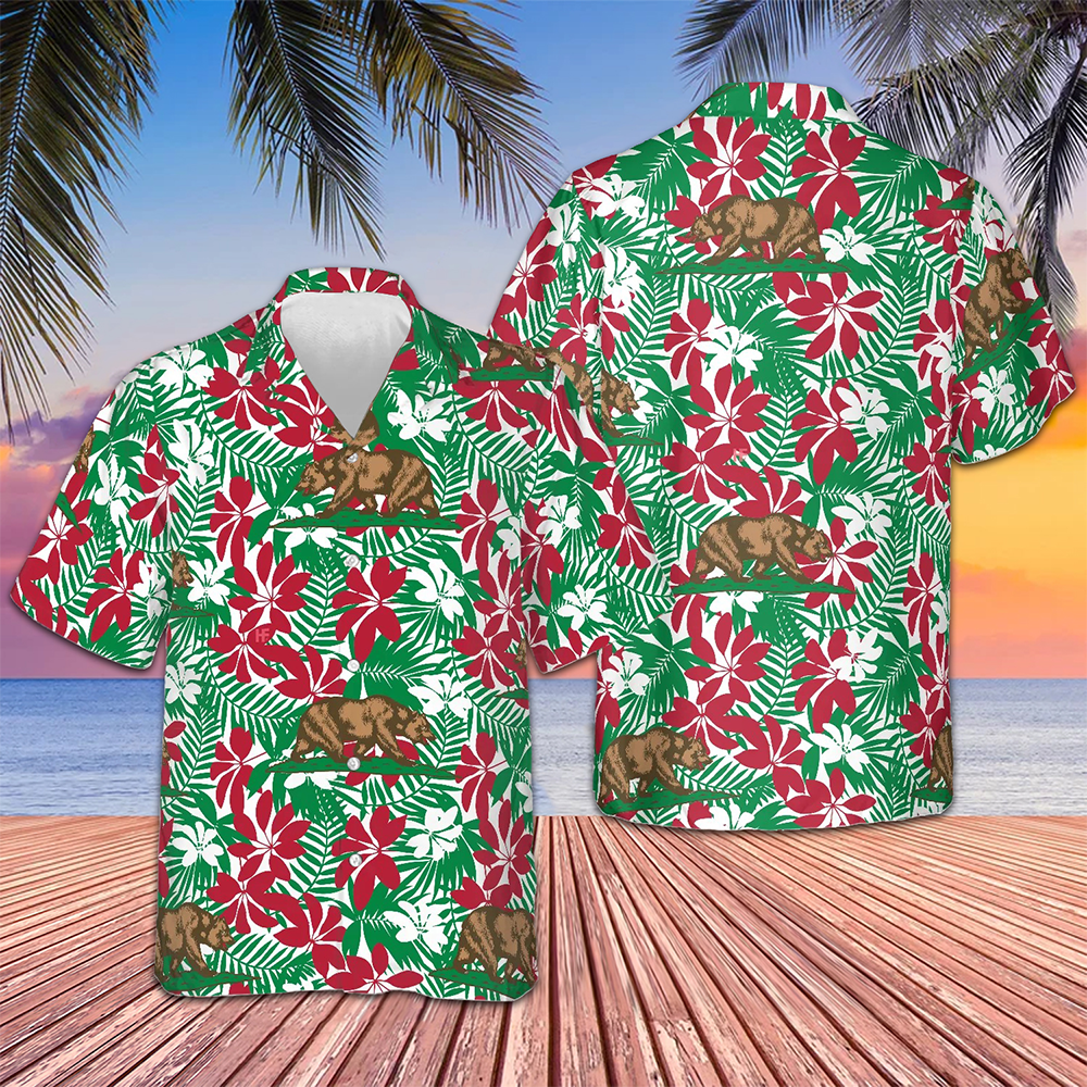 Bear California Flag Pattern Hawaiian Shirt Patriotic Men's Button Down Shirts For Summer – Moonbestprint