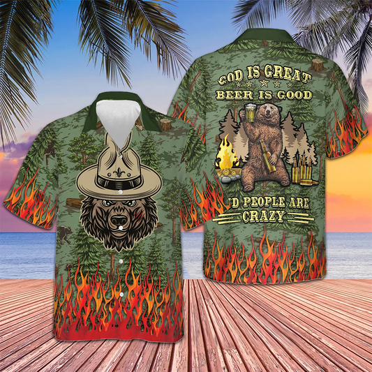 Camping Sheriff Bear Drink Beer Hawaiian Shirt God Is Great Beer Is Good And People Are Crazy – Moonbestprint