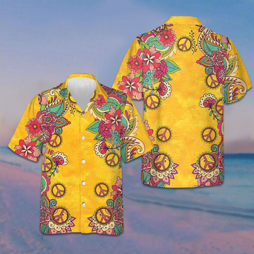 Yellow Hippie Peace Sign And Flowers Hawaiian Shirt Button Up Summer Shirts For Men – Moonbestprint
