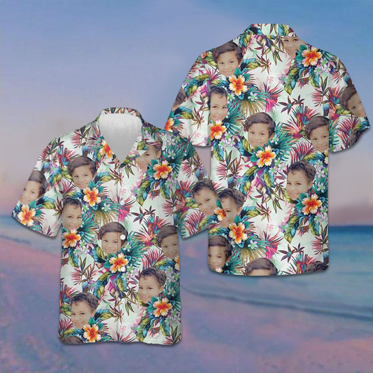 Custom Face With Tropical Flowers Hawaiian Shirt Summer Button Down Shirts Gifts For Family – Moonbestprint