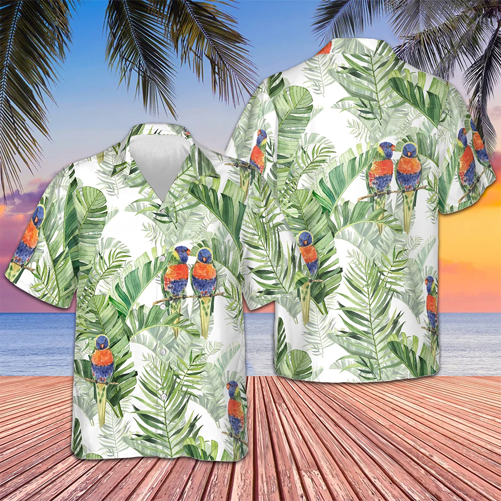 Beautiful Watercolor Parrots In Green Hawaiian Shirt Beach Button Up Shirts For Men – Moonbestprint