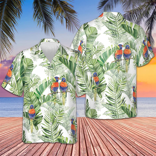 Beautiful Watercolor Parrots In Green Hawaiian Shirt Beach Button Up Shirts For Men – Moonbestprint