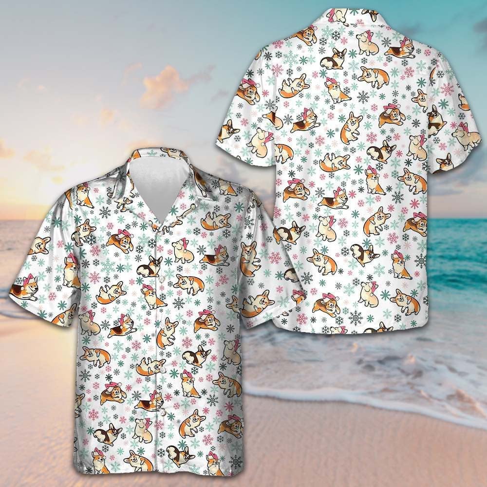 Warm Corgi For A Merry Christmas Hawaiian Shirt Snowflakes Pattern Xmas Shirt Dog Lovers Gifts – Moonbestprint