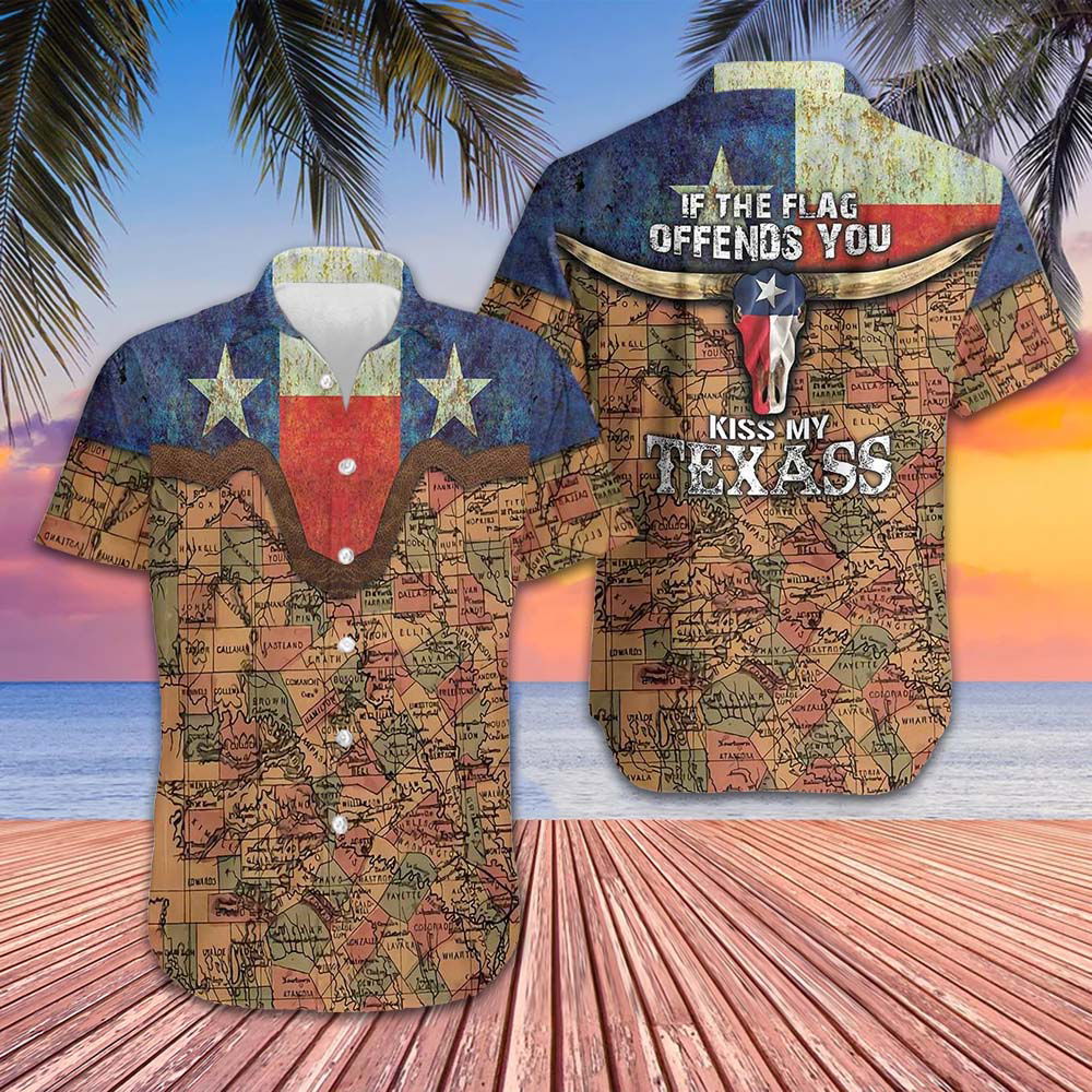 If The Flag Offends You Kiss My Texass Hawaiian Shirt Vintage Texas Flag And Map Pattern Shirt – Moonbestprint