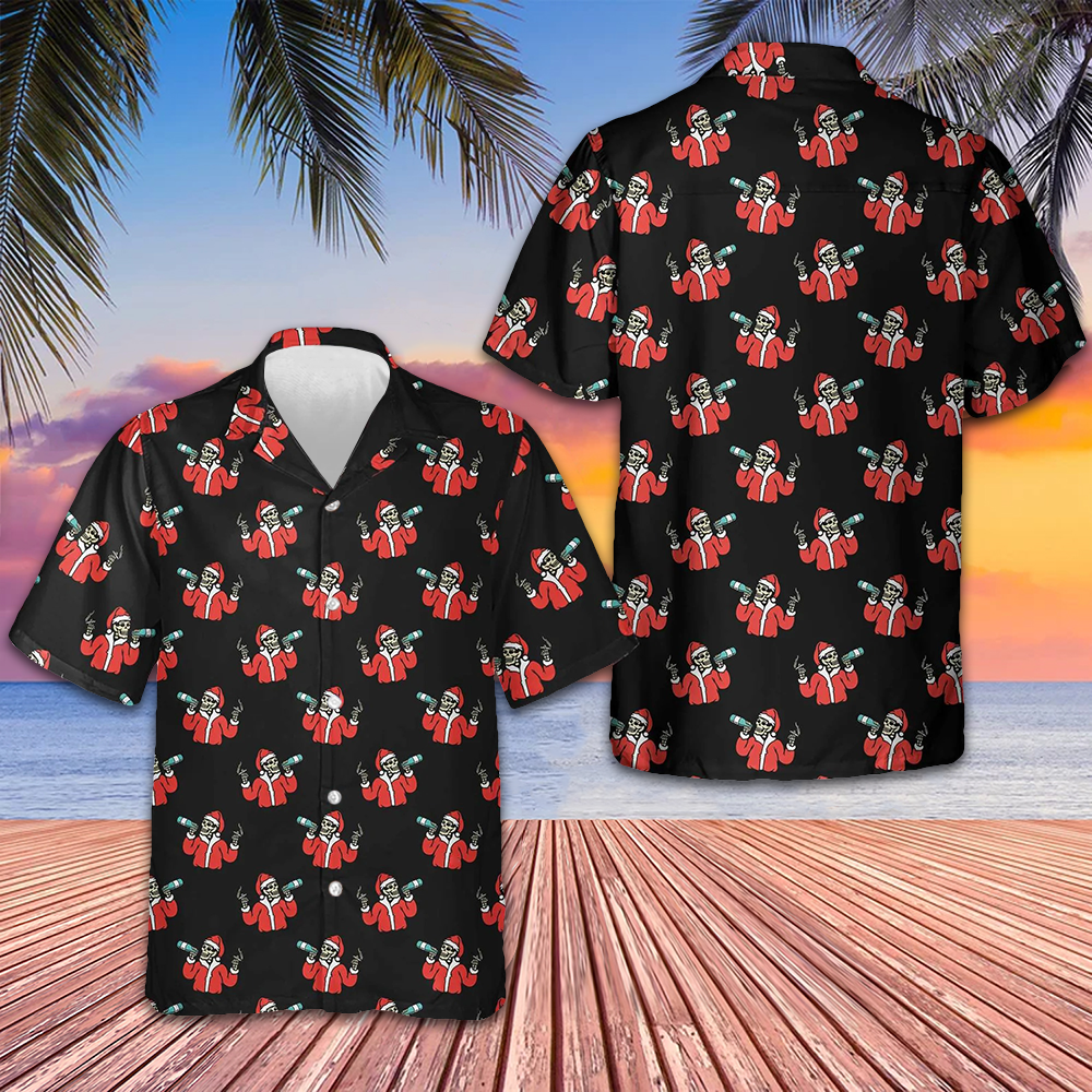 Skeleton Drinking In Santa Costume Hawaiian Shirt Funny Santa Claus Xmas Shirt Gifts For Him – Moonbestprint