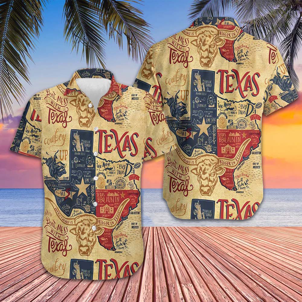 Don't Mess With Texas Longhorns Hawaiian Shirt Old Vintage State Of Texas Shirt For Men's – Moonbestprint