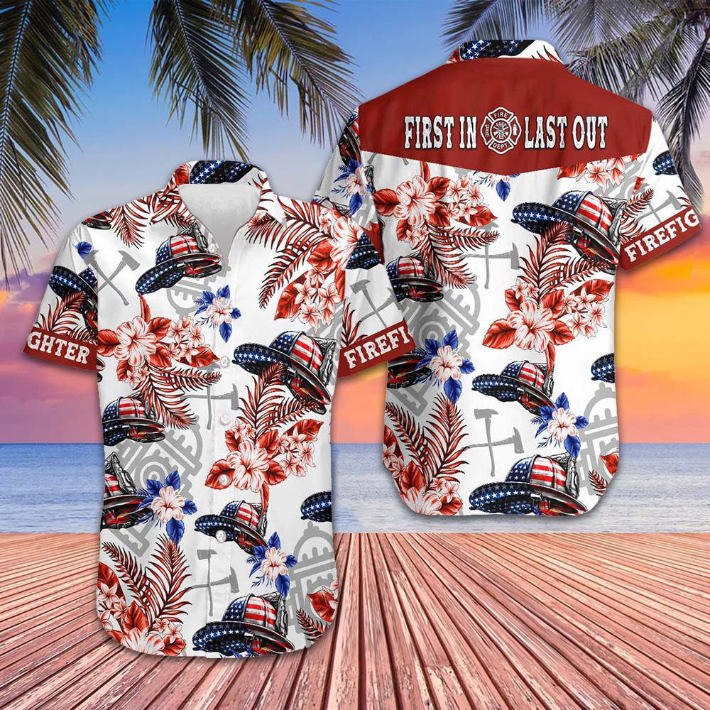American Flag Firefighter Helmet Pattern Hawaiian Shirt First In Last Out Firefighter Shirt Men – Moonbestprint