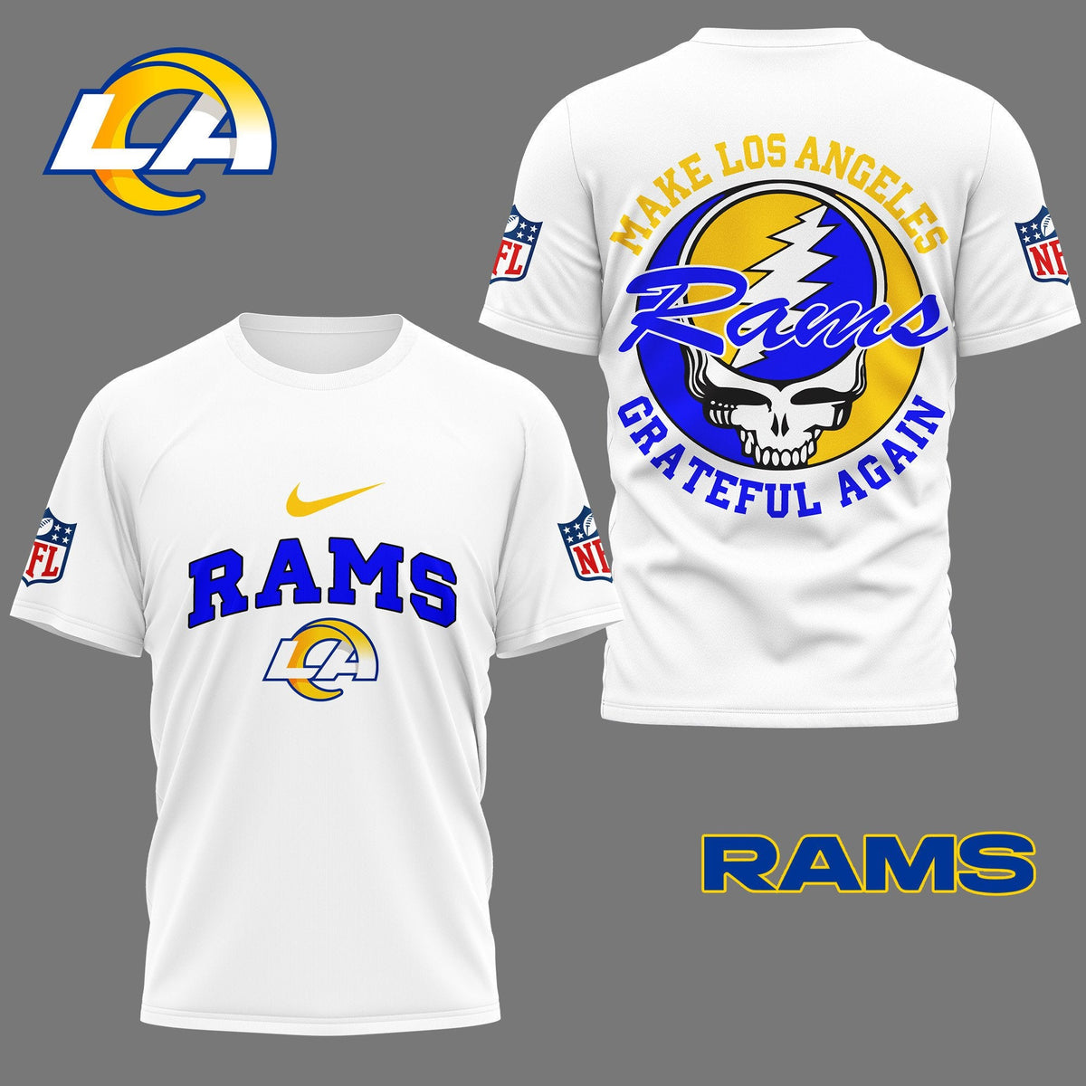 Los Angeles Rams | Premium NFL Grateful Game Day 3D Shirt White Moonbestprint