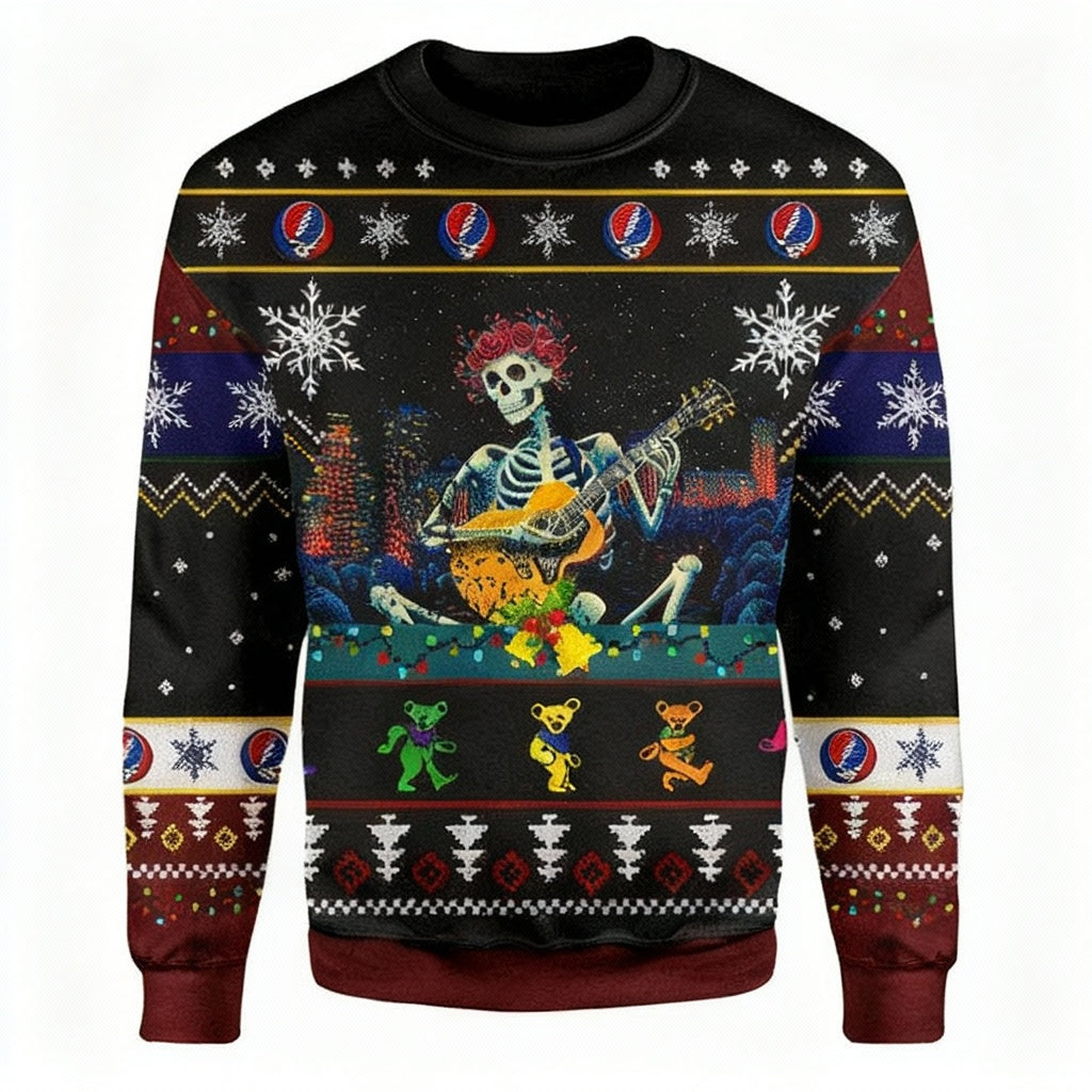 Grateful Dead Skull Skeleton Play Guitar Ugly Christmas 3D Printed Sweater ? Usalast