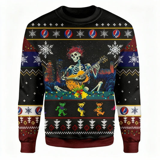 Grateful Dead Skull Skeleton Play Guitar Ugly Christmas 3D Printed Sweater ? Usalast